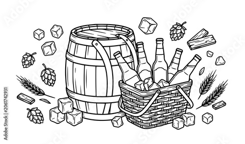 Tableau sur toile Vintage beer illustration with barrel bottles hops and ice cubes