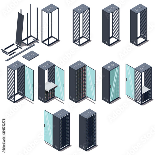 Isometric Server Rack Collection Set with Data Center Equipment