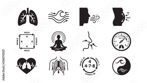 Fotografie Breathing and Lung Health Icons Set: Respiration, Meditation, Heartbeat, and Ana