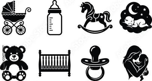 Konstfotografi Collection of nursery baby care elements featuring pram bottle rocking horse sle