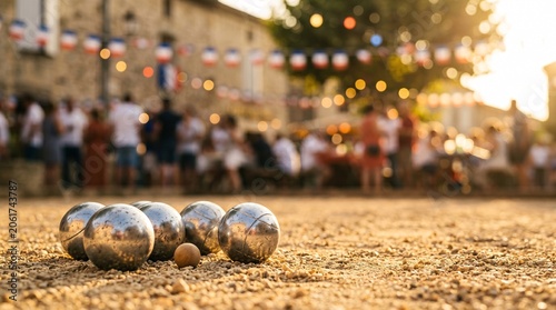 Silver pétanque boules in dry golden gravel, French village square Bastille Day celebration at golden hour
