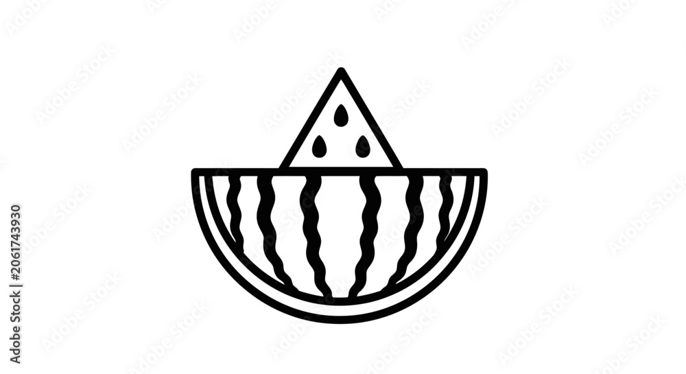 Fototapeta premium Minimalist Line Art Watermelon Icon with Triangle Slice - Fresh Summer Fruit Outline Drawing