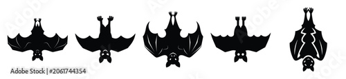 Five black silhouette bats hanging upside down vector illustration