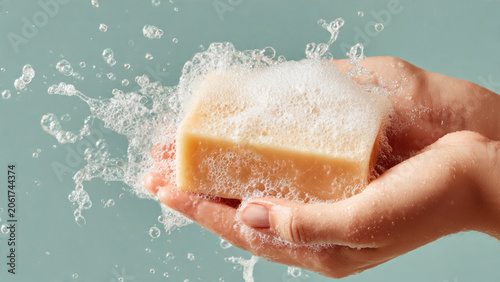 Hand holding bar soap under water.