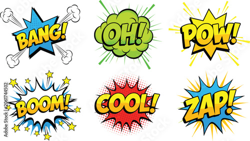 Comic book speech bubbles action words bang pow boom zap