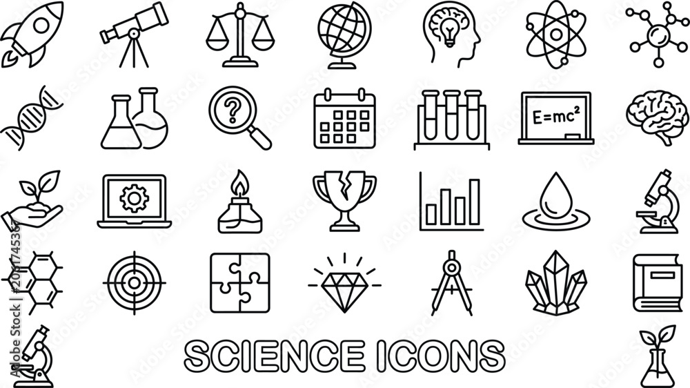 Fototapeta premium Creative minimalist outline style collection of twenty-nine science icons featuring essential laboratory research, education physics.