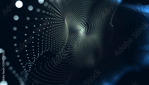 Patrón abstracto de círculos de puntos blancos sobre fondo oscuro. Concepto abstracto de ciencia: círculos de puntos blancos brillantes; visualización de redes de datos y física de partículas