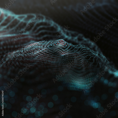 Red digital abstracta de color verde azulado con diseño de ondas y fondo de ciencia y tecnología. Concepto abstracto de red digital brillante de color verde azulado con diseño de ondas; visualización 