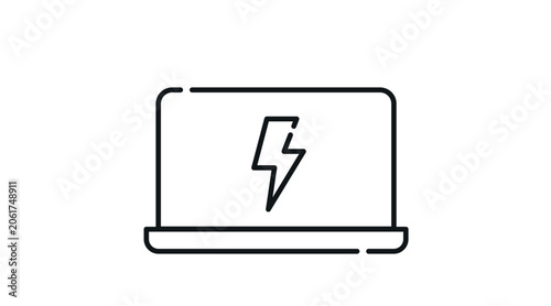 Laptop performance and speed icon: portable notebook computer displaying lightning bolt symbol on screen, minimalist black line art vector illustration.