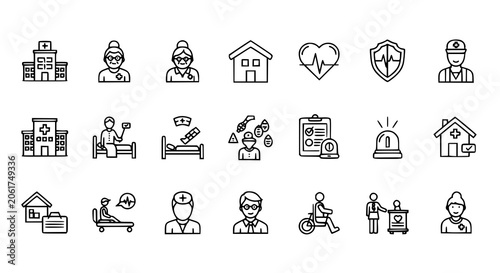 Schilderij op canvas Set of medical and hospital icons featuring healthcare professionals and patient