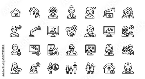 Foto Set of medical and telemedicine line icons featuring doctors patients and health