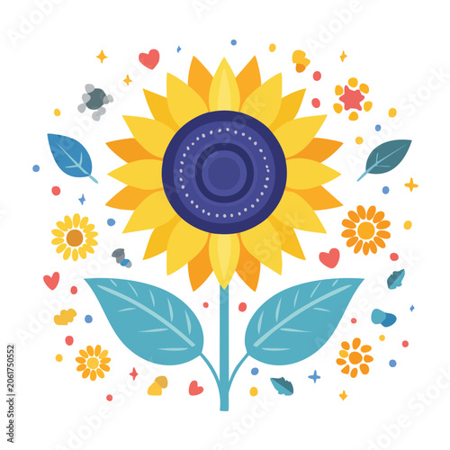 Flat design sun with rays and nature elements