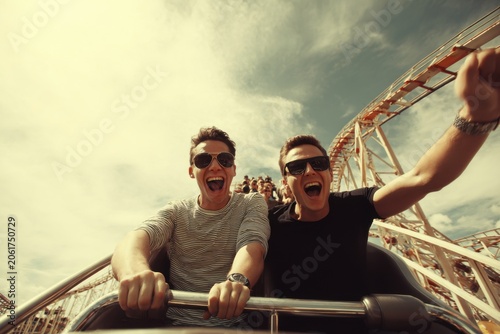 Two excited men screaming with joy on a thrilling rollercoaster ride at an amusement park
