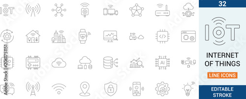 IoT internet of things vector line icon set. Featuring smart home automation, wireless sensor network and cloud technology.