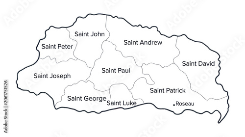Schilderij op canvas Map of Dominica showing parishes and Roseau capital city