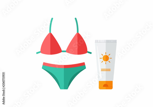 Swimsuit and sunscreen for summer beach vacation