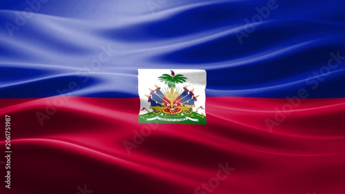 Haitian Flag Waving Over Ocean with Coat of Arms Emblem in Tropical Setting