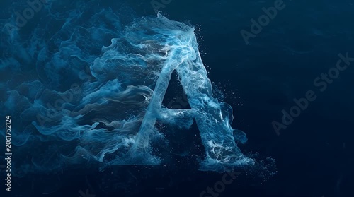 Abstract letter 'A' formed from swirling blue smoke and water particles