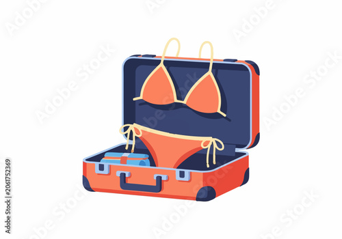 Open suitcase with bikini swimwear ready for vacation