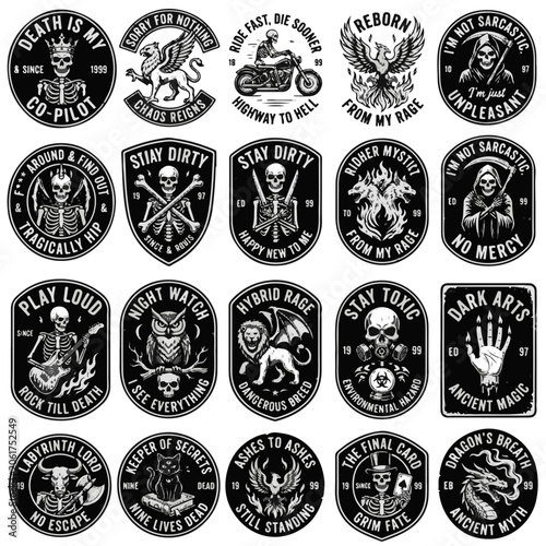 Bild auf Leinwand Gothic Skull and Skeleton Badges with Dark Fantasy and Biker Themes