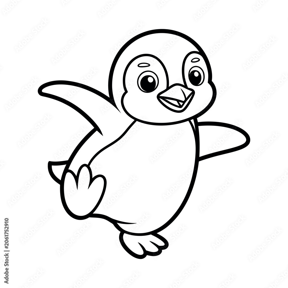 Fototapeta premium Cute Happy Baby Penguin Dancing Cartoon Kawaii Line Art Vector Illustration for Kids Coloring Book and Winter Stickers