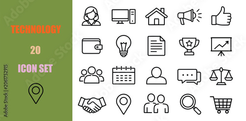 Set of 20 business and technology line icons for web and mobile user interface design