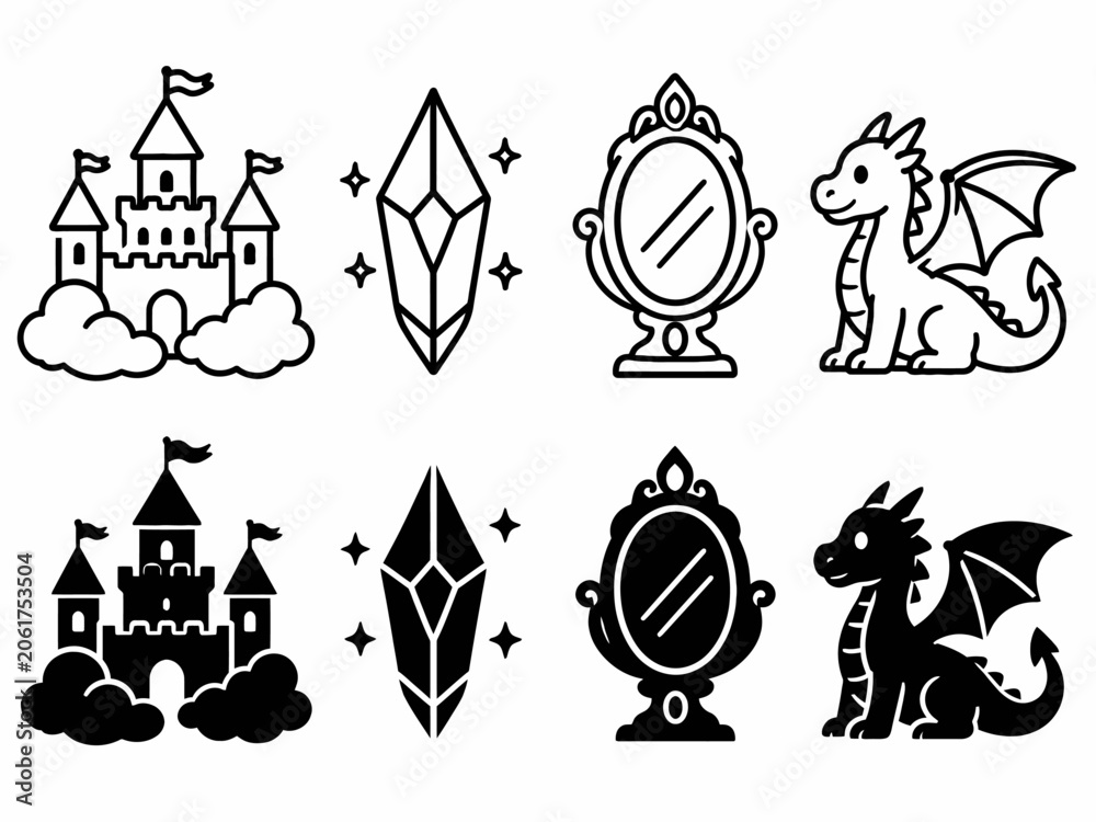 Obraz premium Fantasy icons: castle, crystal, mirror, dragon designs in black and white