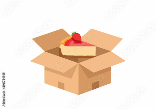 Slice of strawberry cheesecake in cardboard box
