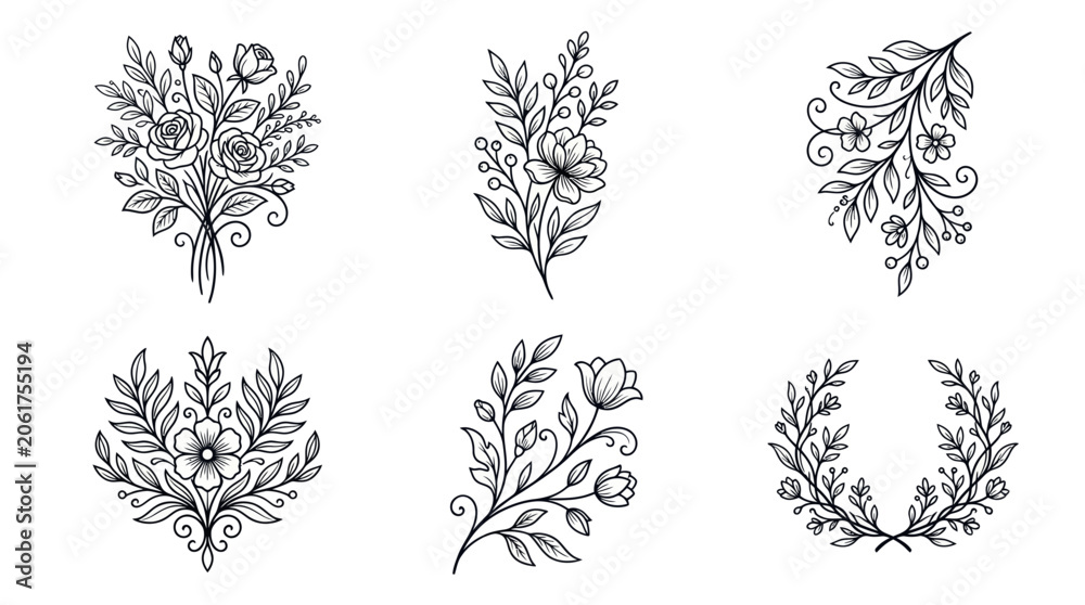 Fototapeta premium Hand-drawn Floral Ornaments and Bouquets - Vector Botanical Illustrations