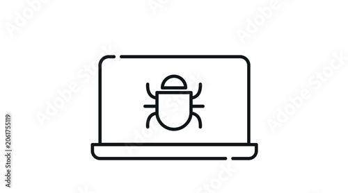 Laptop virus and system bug icon: portable notebook computer displaying insect malware symbol on screen, minimalist black line art vector illustration.