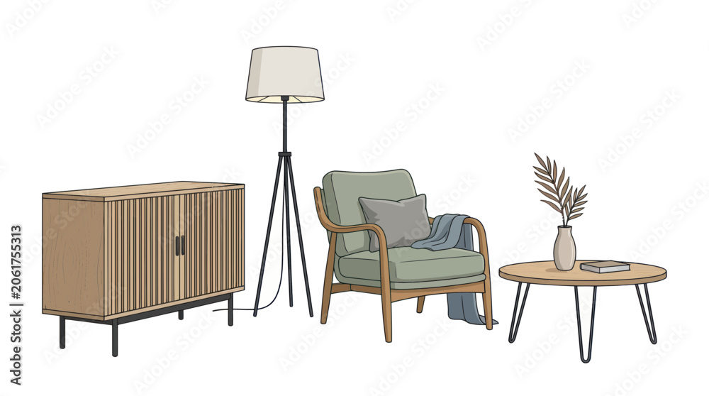 Fototapeta premium Cozy Living Room Furniture Set: Armchair, Sideboard, Coffee Table, Floor Lamp