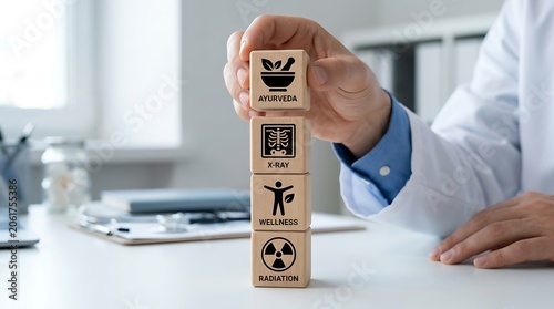 Doctors hand stacking wooden cubes representing different aspects of healthcare and medicine including Ayurveda wellness and radiology diagnostics