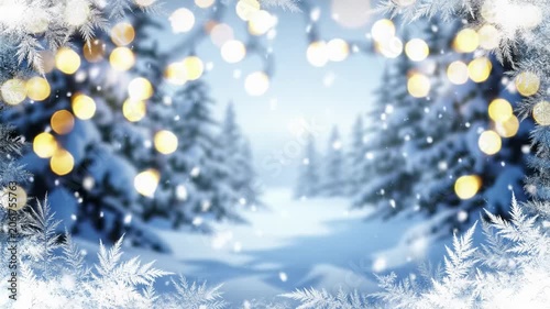 Gently falling snow drifts softly against a blurred winter landscape with warm golden bokeh, subtly framed by frosted window details. Peaceful, comforting luxury atmosphere