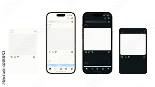 instagram mockup set with dark and light mode interface on smartphone screen isolated on PNG transparent background