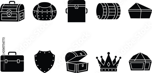 Canvas-taulu Black Treasure Chest, Crown, and Shield Silhouette Set, Pirate Loot and Medieval