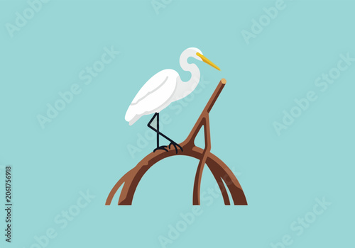 White egret perched on tree branch in minimalistic style