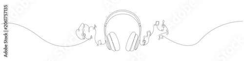 One line drawing of audio headphones with floating musical notes continuous line art featuring a modern line illustration and an abstract linear silhouette with a hand-drawn look.