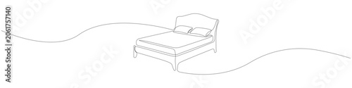 Continuous line art of a bedroom double bed minimalist single line drawing displaying a comfortable bed with pillows using a smooth flowing line and clean contour style.