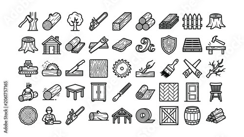 Black and white line drawing illustrations of various woodwork and carpentry tools and materials in a set  woodworking and lumber industry icons