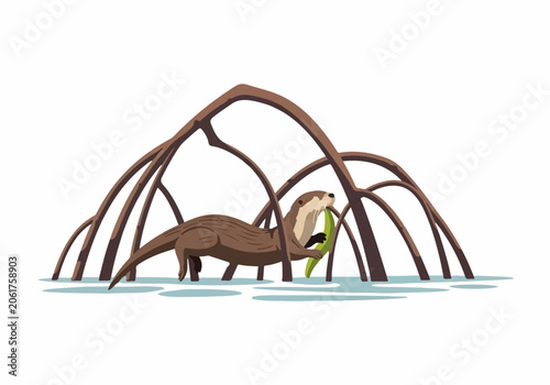 Dinosaur Walking Through Swamp with Mangrove Trees