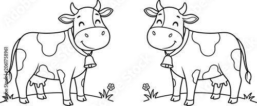 Fotografía Two smiling holstein cows with bells in a simple black and white line art illust