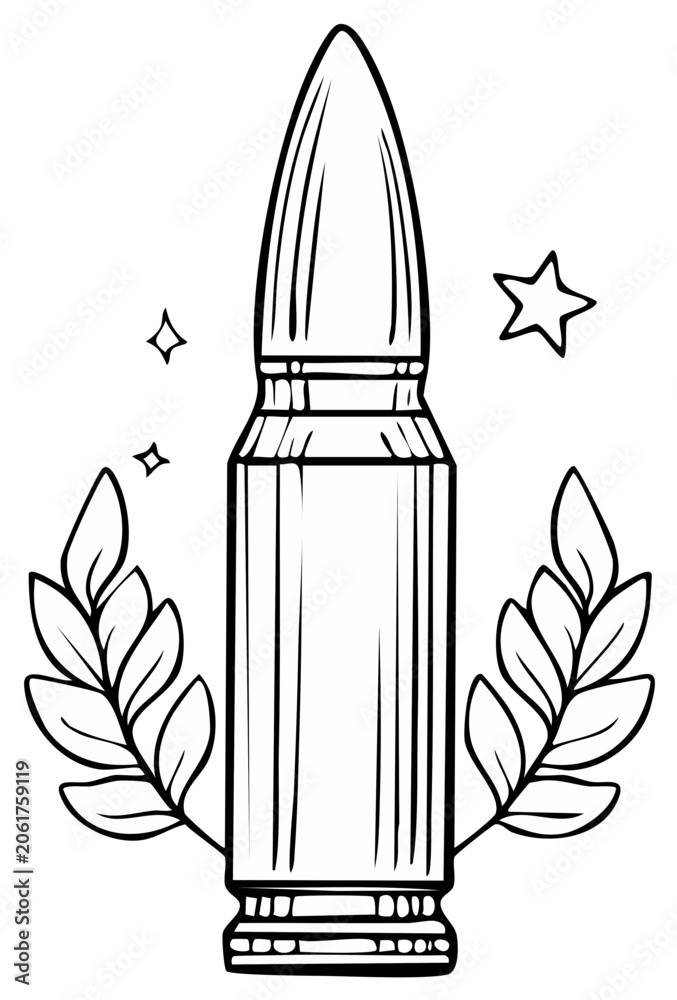 Naklejka premium Line Art Bullet with Laurel Wreaths and Stars - Symbol of Victory and Military Power