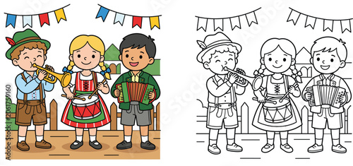 Принти на полотні Cute cartoon kids in traditional Bavarian dirndl and lederhosen playing instruments, set with colorful and black and white coloring book outline page for Oktoberfest