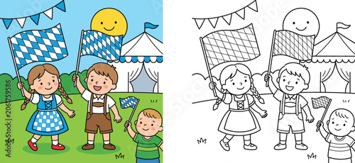 Schilderij op canvas Oktoberfest children coloring book page vector illustration, kids in traditional