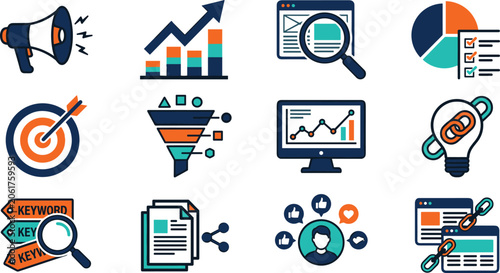 Photos Digital marketing search engine optimization and business analytics color icons