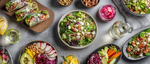 Healthy office lunch spread featuring salads, wraps, and fresh fruit bowls