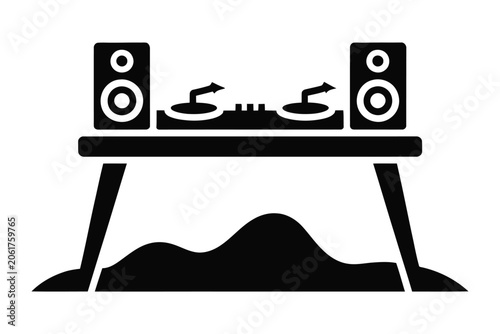 Minimalist Black Vector Illustration Showing A Professional DJ Turntable Console Placed Upon A Sturdy Table Surface Positioned Outdoors Within A Grassy Landscape Design Element For Music Event Brandin