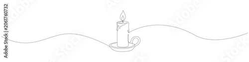Single line illustration of a burning wax candle on a holder continuous line art featuring a minimalist outline-only drawing and a clean contour sketch with a hand-drawn look.