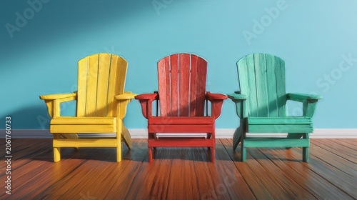 Colorful Adirondack chairs feature a classic slatted design and are arranged on a wooden floor indoor