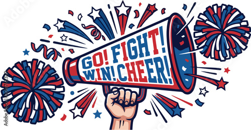 Hand Holding Megaphone with Go Fight Win Cheer Text, Pom Poms and Stars Burst Design – Sports Team Spirit Vector Illustration